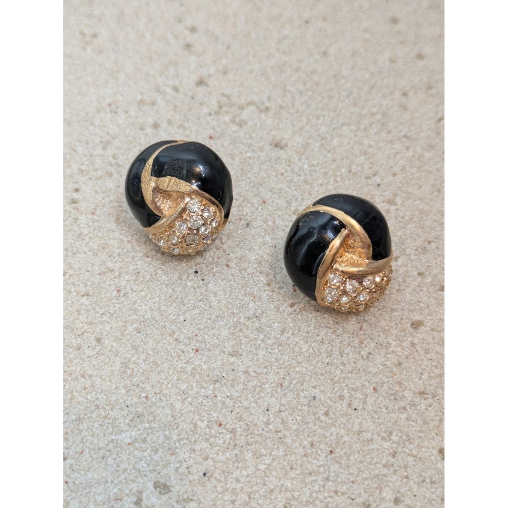 Vintage Roman Stud Earrings In Black Enamel & Rhinestone Accents 90's Glam Domed